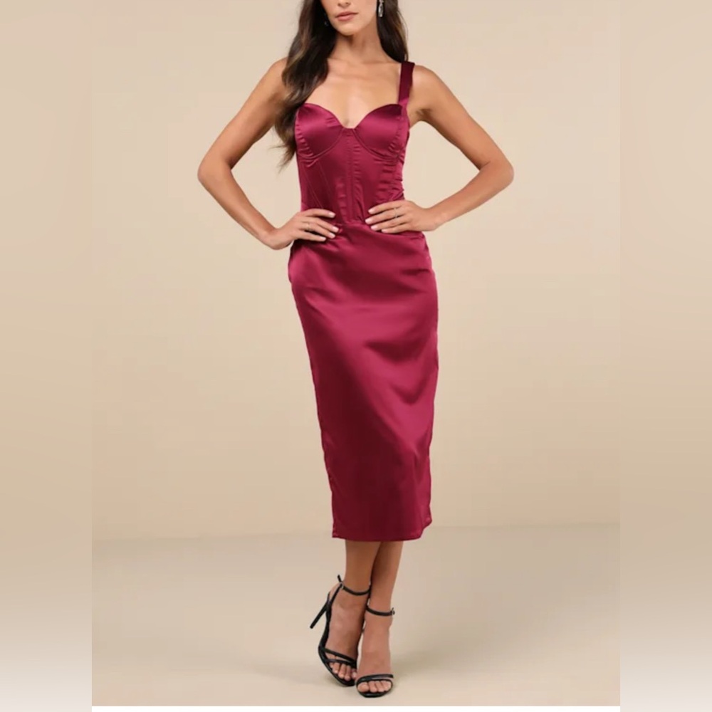 Lulu's Luxe Expression Plum Purple Satin Bustier Midi Dress XS NWT
